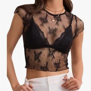 Sheer Mesh Short Sleeve Crop Top Crewneck floral Lace See Through Blouse NWOT